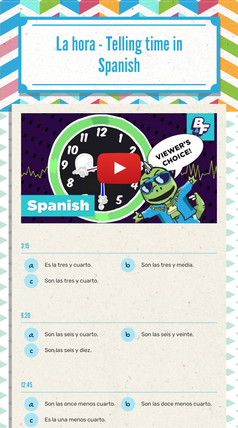 La hora - Telling time in Spanish worksheet preview image