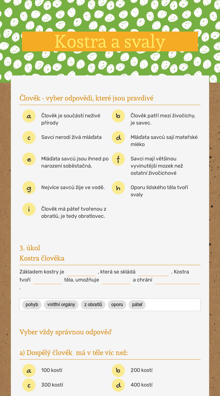 Kostra a svaly worksheet preview image