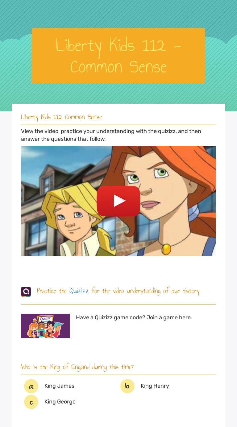 Liberty Kids 112 Common Sense Interactive Worksheet By Paulette 