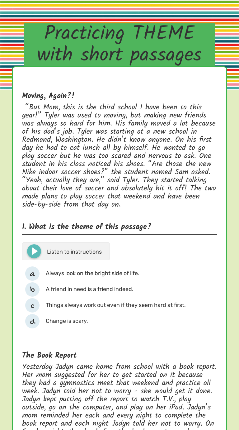 Practicing THEME with short passages Grade 3 worksheet preview