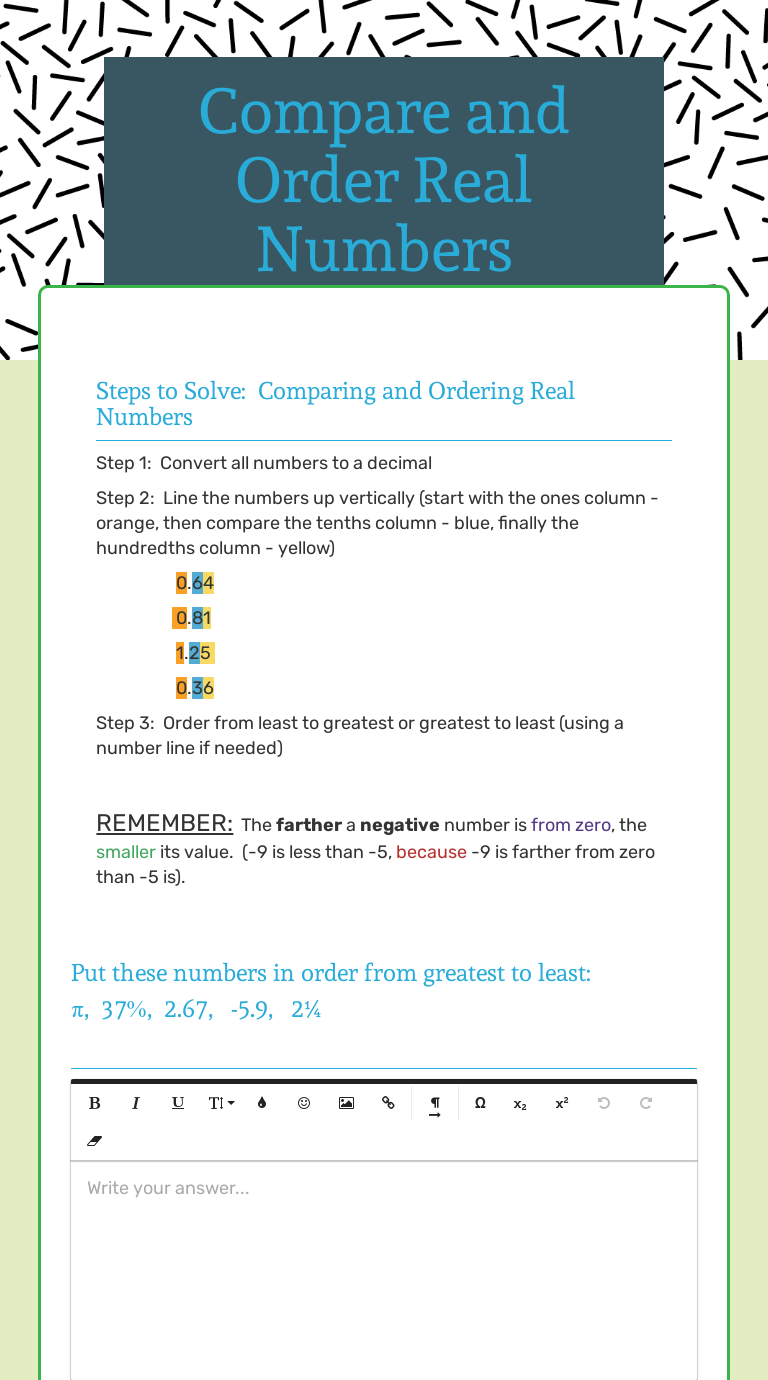 Comparing Real Numbers Worksheet