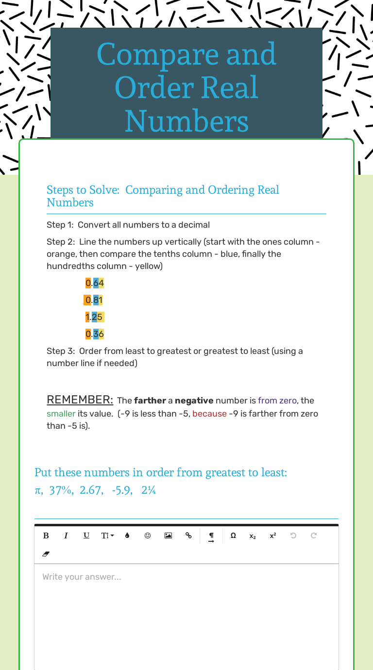 Compare And Order Real Numbers Interactive Worksheet By Kathleen Burns Wizer me
