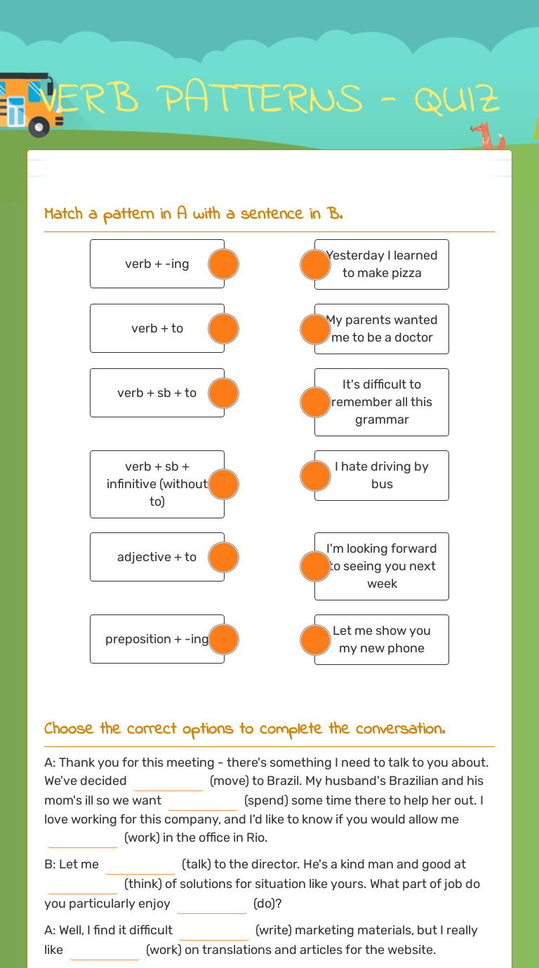 VERB PATTERNS - QUIZ worksheet preview image