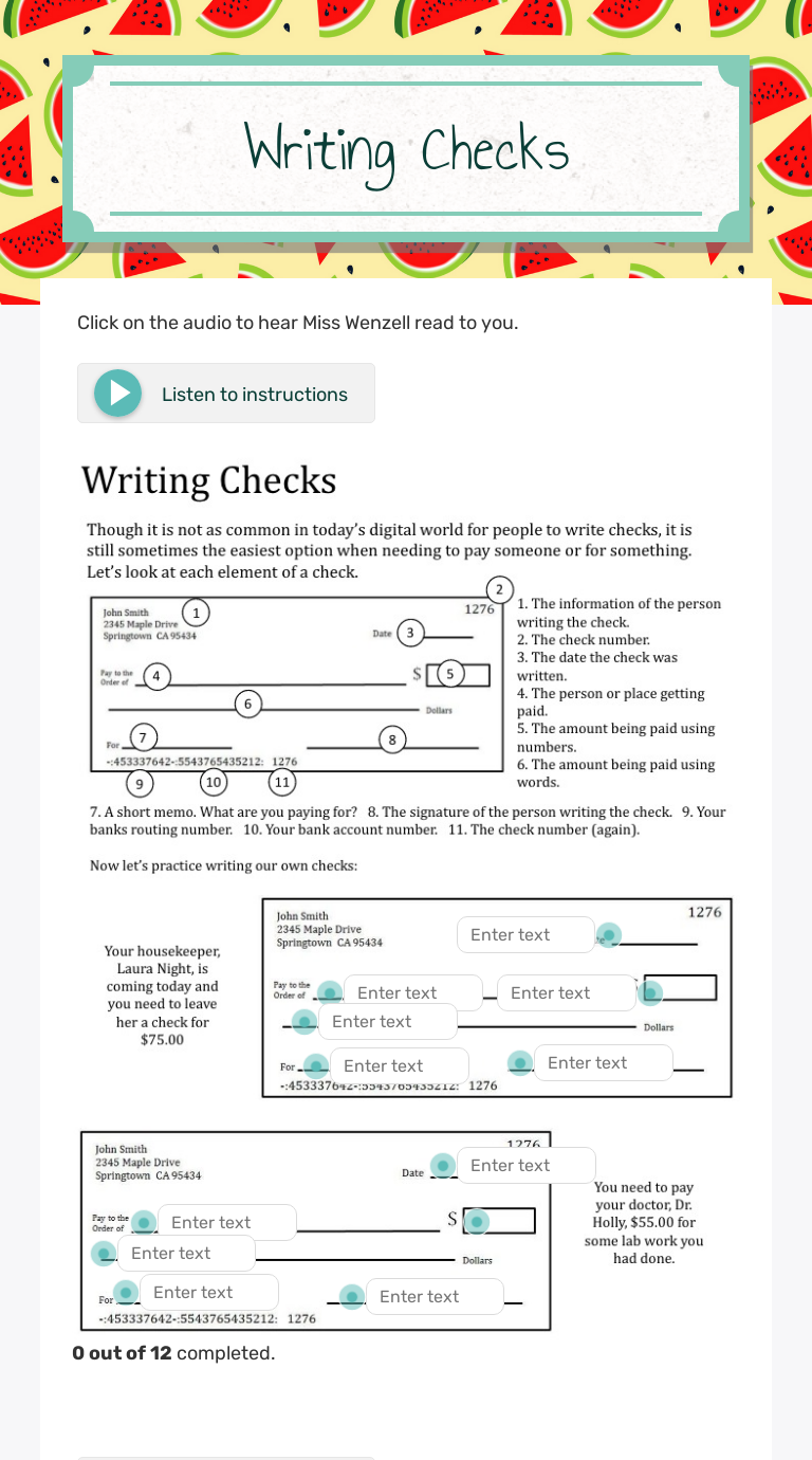 Writing Checks worksheet preview image