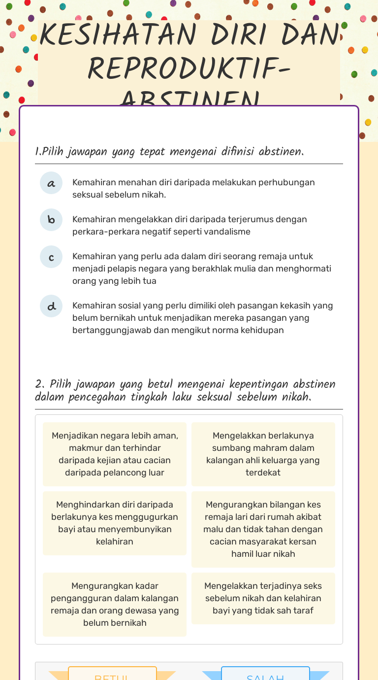 Kesihatan Diri Dan Reproduktif Abstinen Interactive Worksheet By Nik Rozaimah Binti Nik Zainuddin Moe Wizer Me