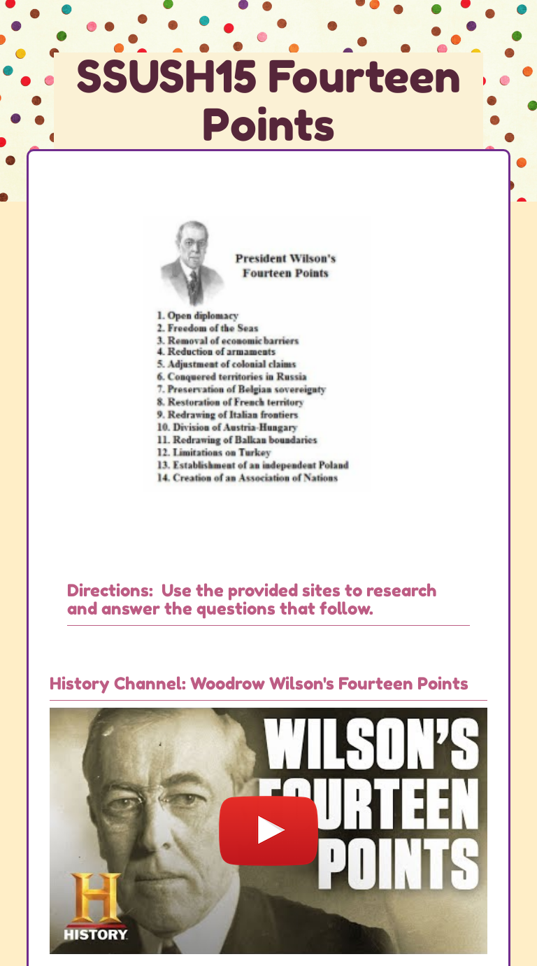 woodrow wilson 14 points on Ssush15 Fourteen Points Interactive Worksheet By Amy Ponder Wizer Me
