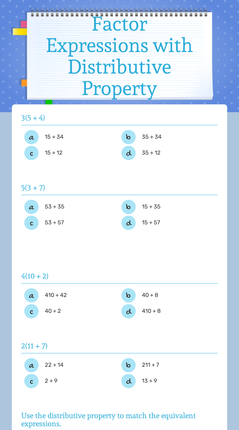 Factor Expressions with Distributive Property  Interactive Inside Factoring Distributive Property Worksheet