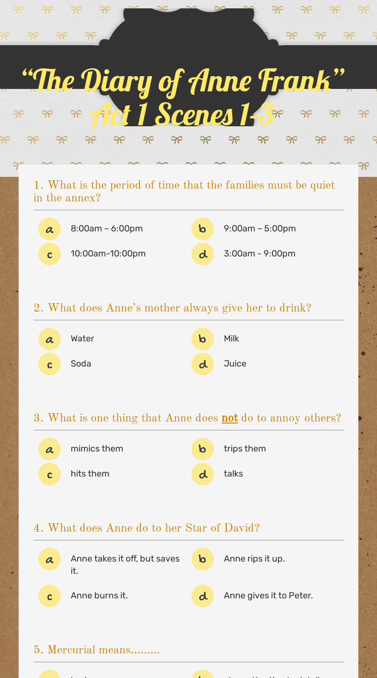 “The Diary of Anne Frank” Act 1 Scenes 13 Interactive Worksheet by