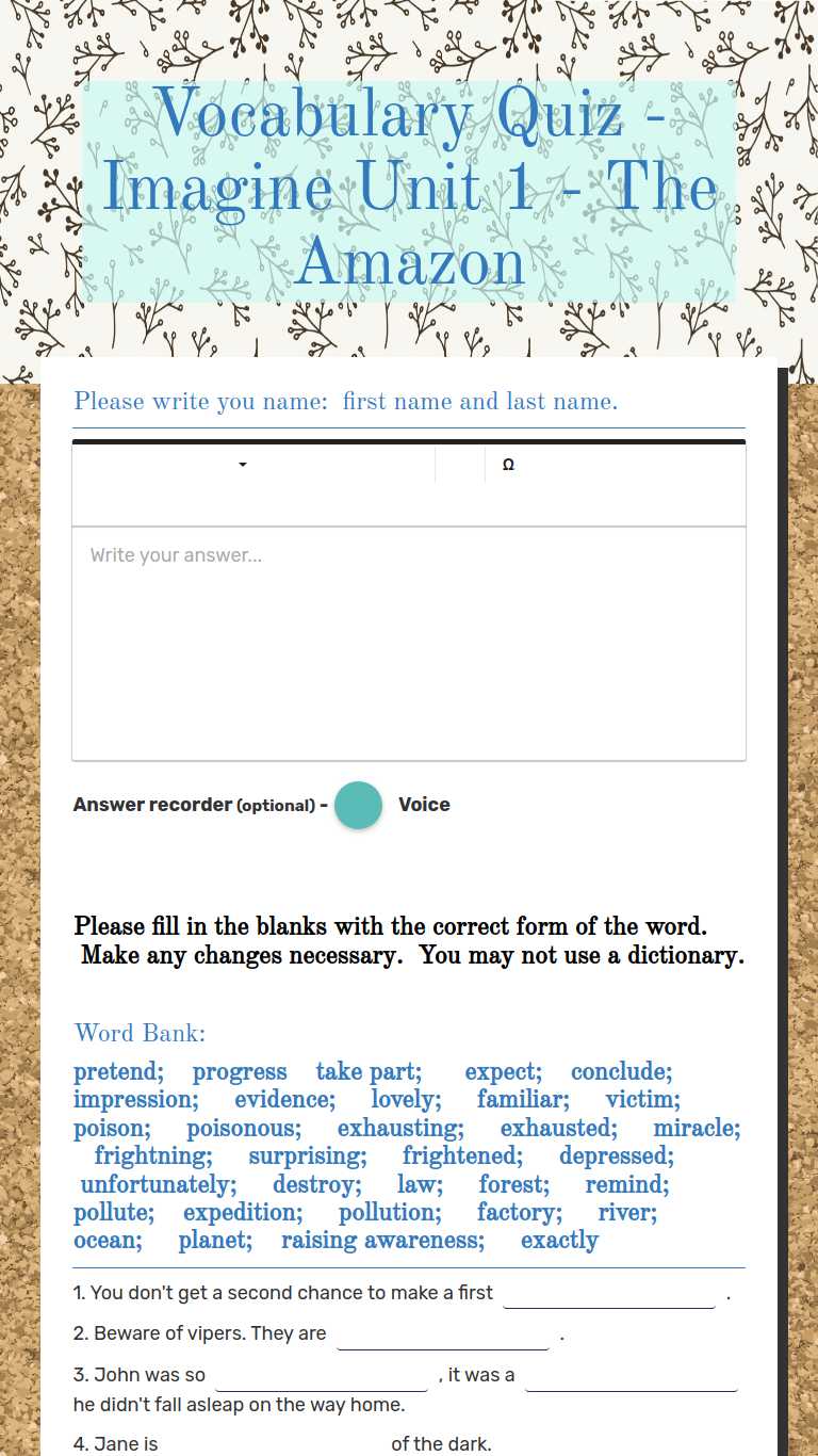 Vocabulary Quiz - Imagine Unit worksheet