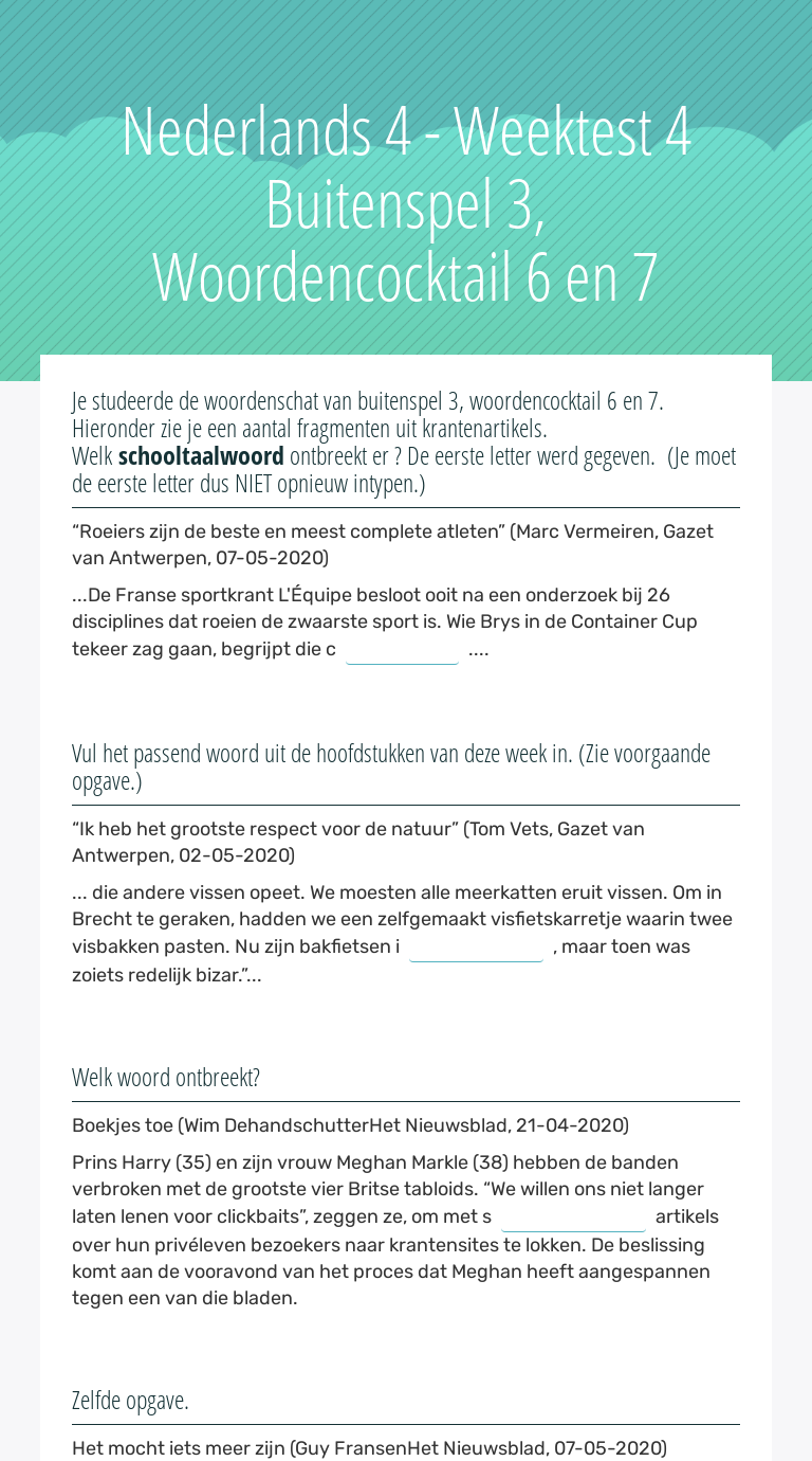 Nederlands 4 - Weektest 4 
 Buitenspel 3, Woordencocktail 6 en 7 worksheet preview image