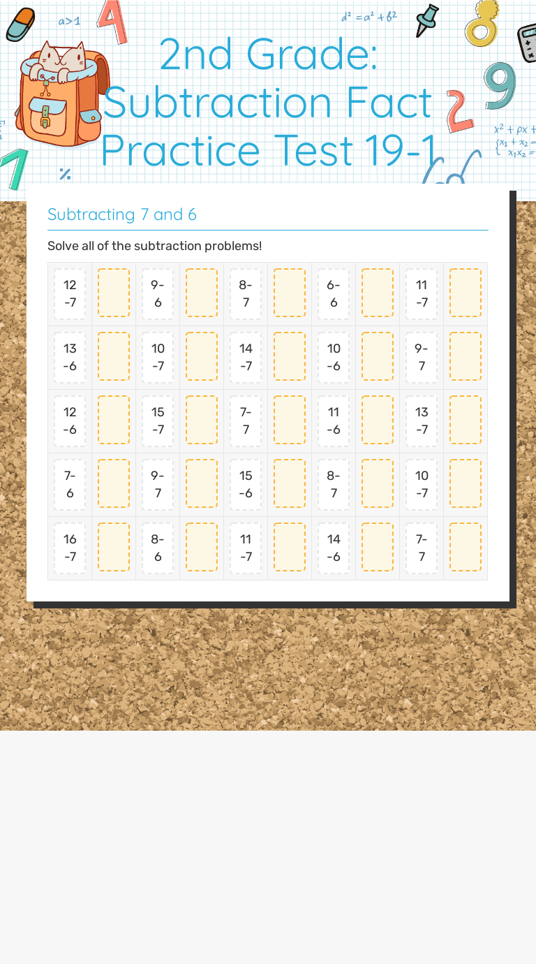 2nd Grade Subtraction Fact Practice Test 19 1 Interactive Worksheet 