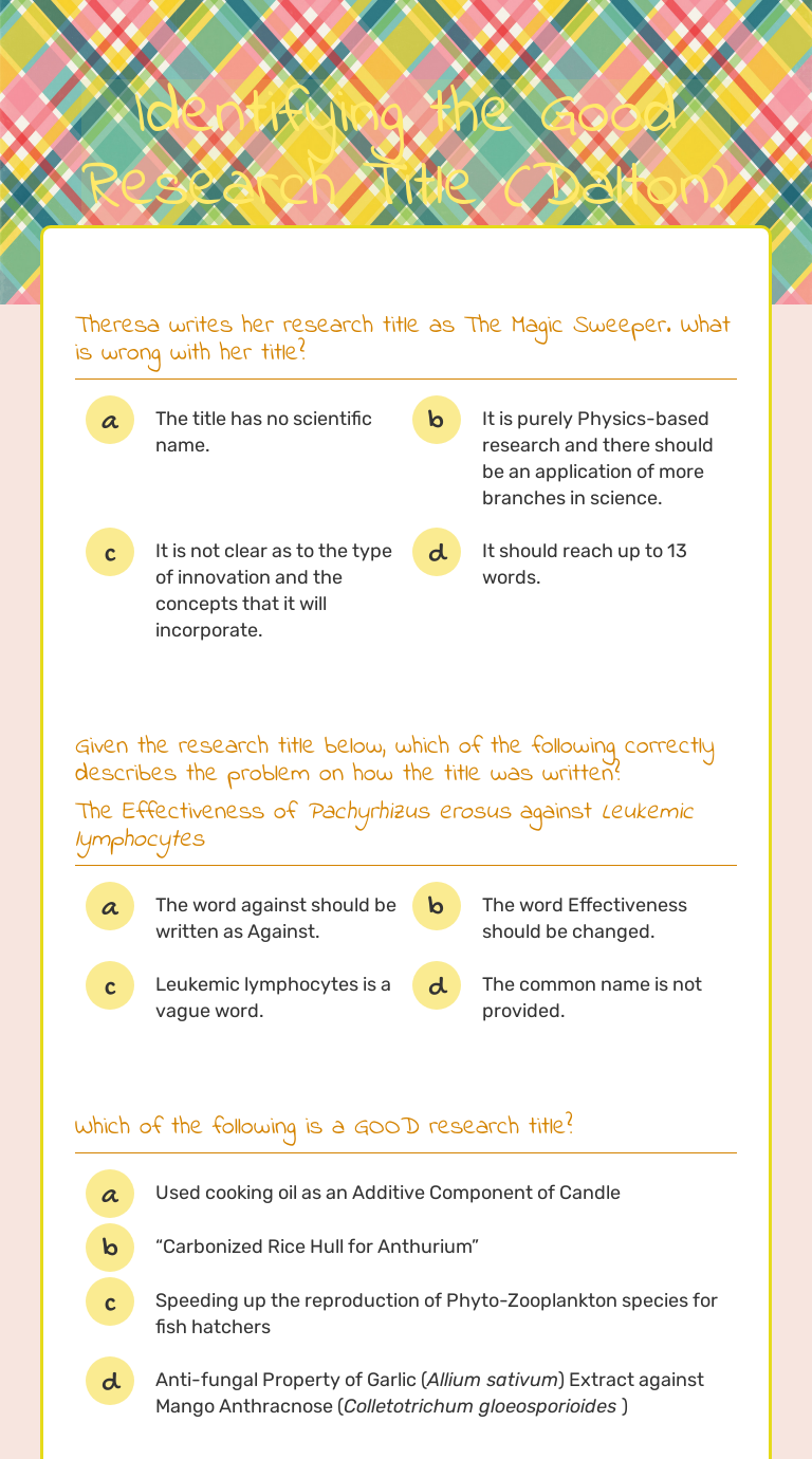 Identifying the Good Research Title (Dalton) worksheet preview