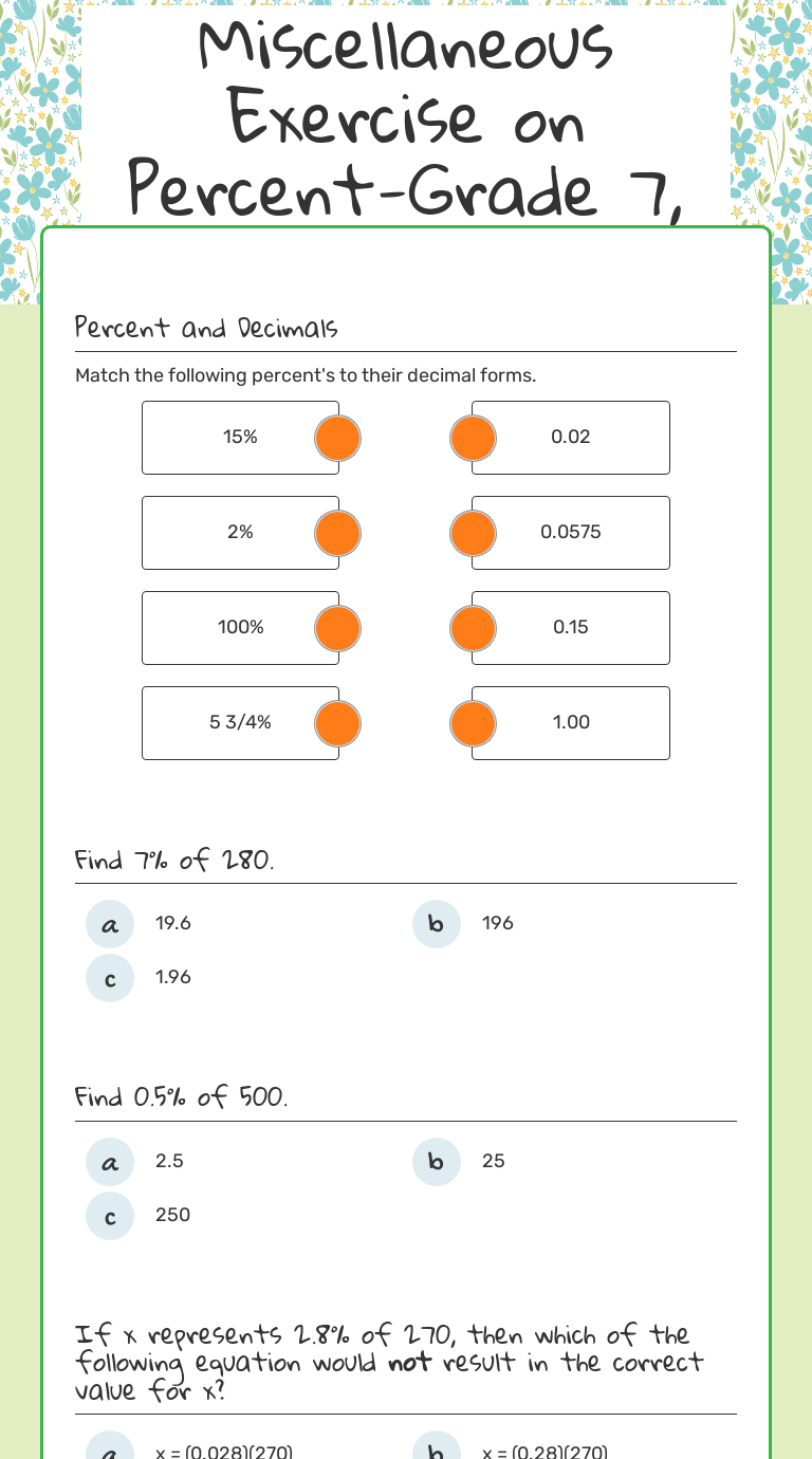 Miscellaneous Exercise on Percent-Grade 7, Math: 7th Feb worksheet preview image