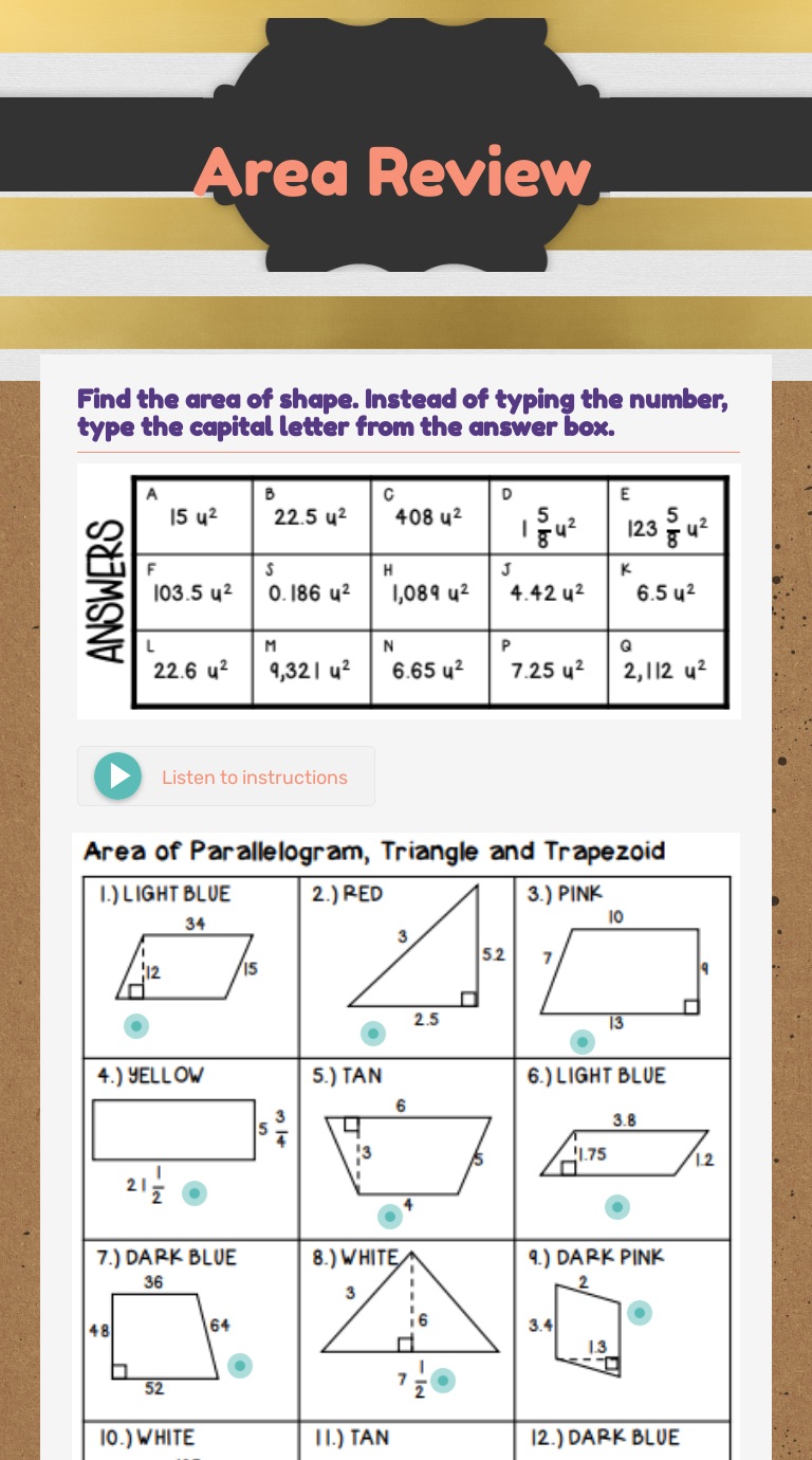 Area Review Interactive Worksheet by Michele Kelly Wizer me