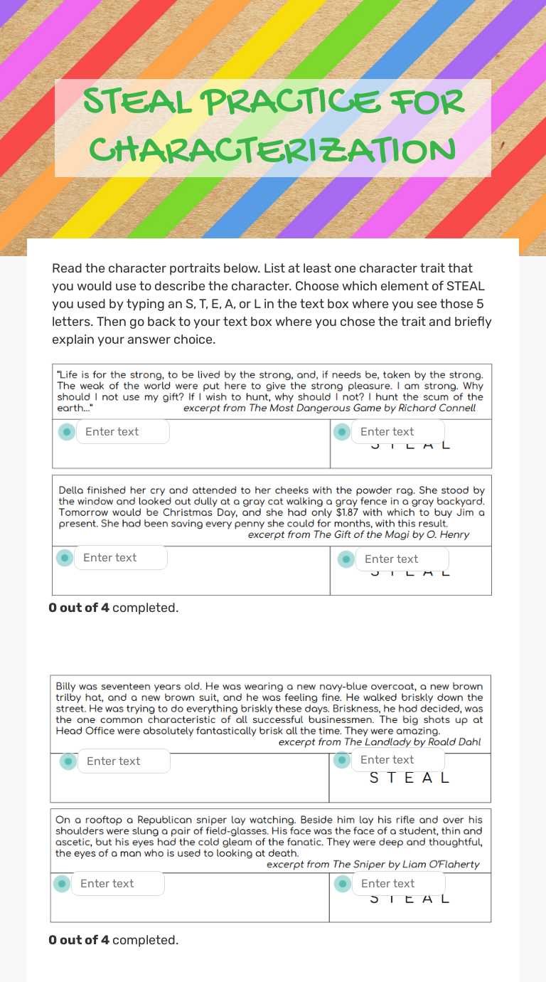 Steal Practice For Characterization Interactive Worksheet By Martha Way Wizer Me