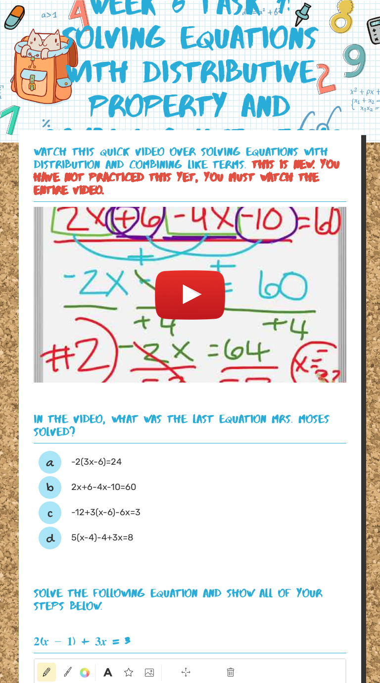 Week 6 Task 1: Solving equations with distributive property and combining like terms Grade 8 worksheet preview