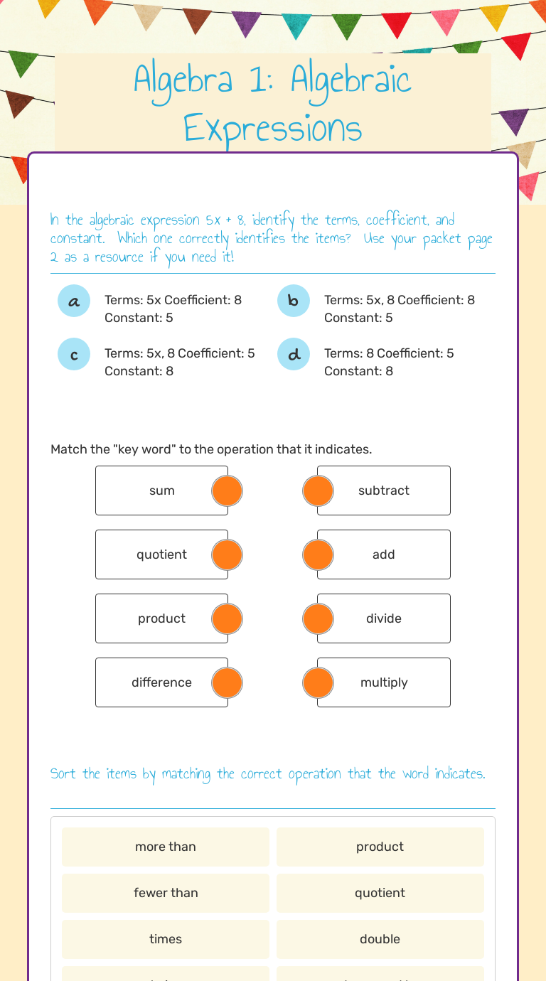 Algebra 1: Algebraic Expressions | Interactive Worksheet By Amber Long ...