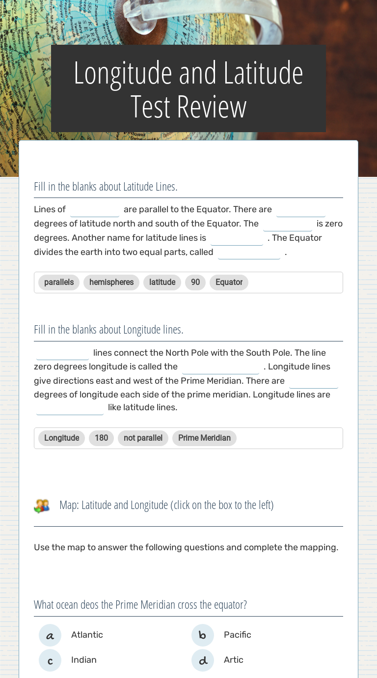 Longitude and Latitude Test Review Grade 8 worksheet preview