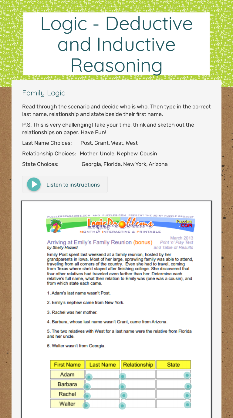 Logic - Deductive and Inductive Reasoning  Interactive Worksheet Inside Inductive And Deductive Reasoning Worksheet