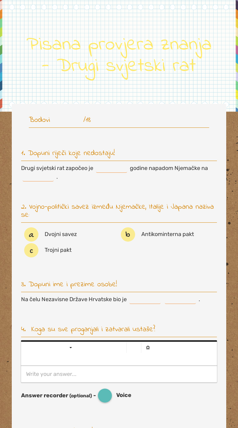 Pisana provjera znanja - Drugi svjetski rat worksheet preview image