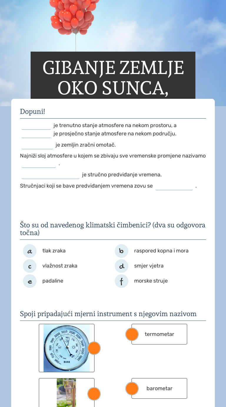 GIBANJE ZEMLJE OKO SUNCA, VRIJEME I KLIMA worksheet preview image