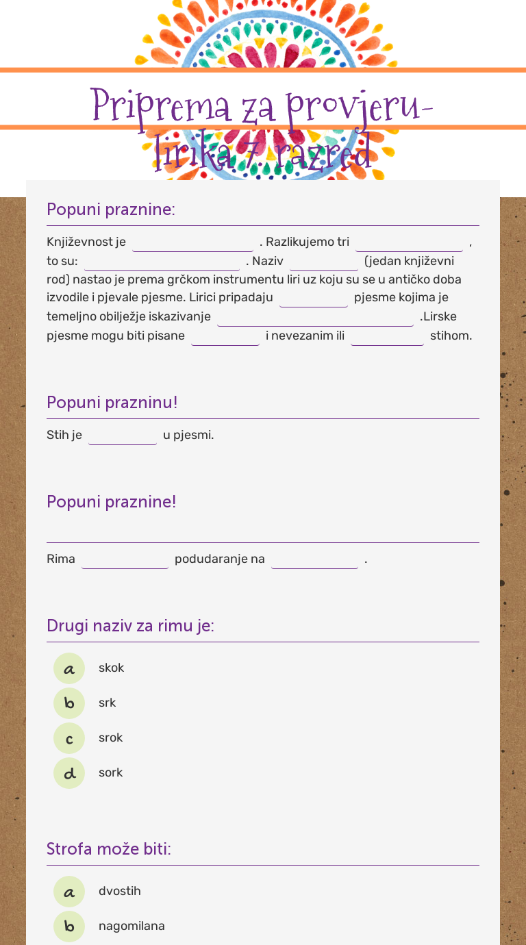 Priprema za provjeru-lirika 7. razred worksheet preview image