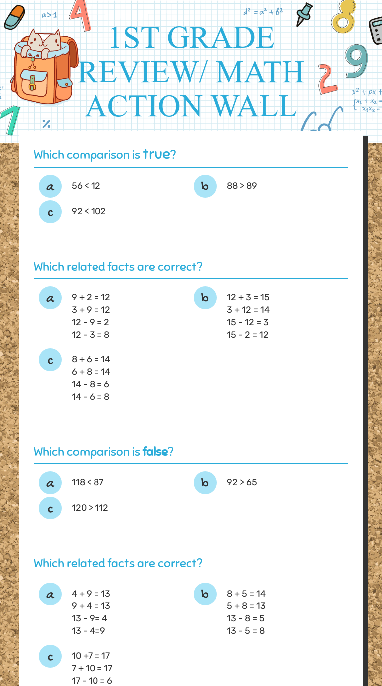 1st Grade Review Math Action Wall Interactive Worksheet By Stephanie Jones Wizer Me