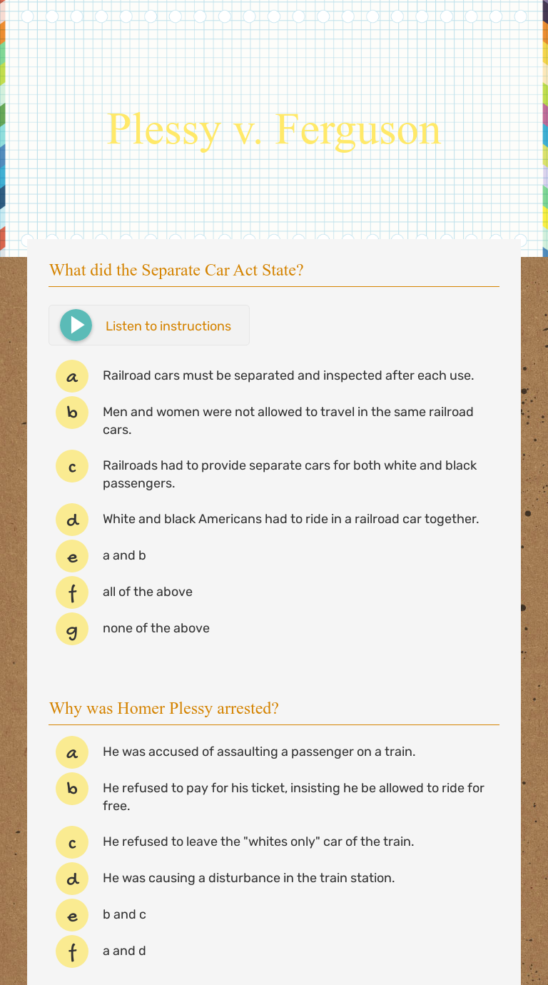 Plessy V Ferguson Interactive Worksheet By Heather Molnar Wizer Me