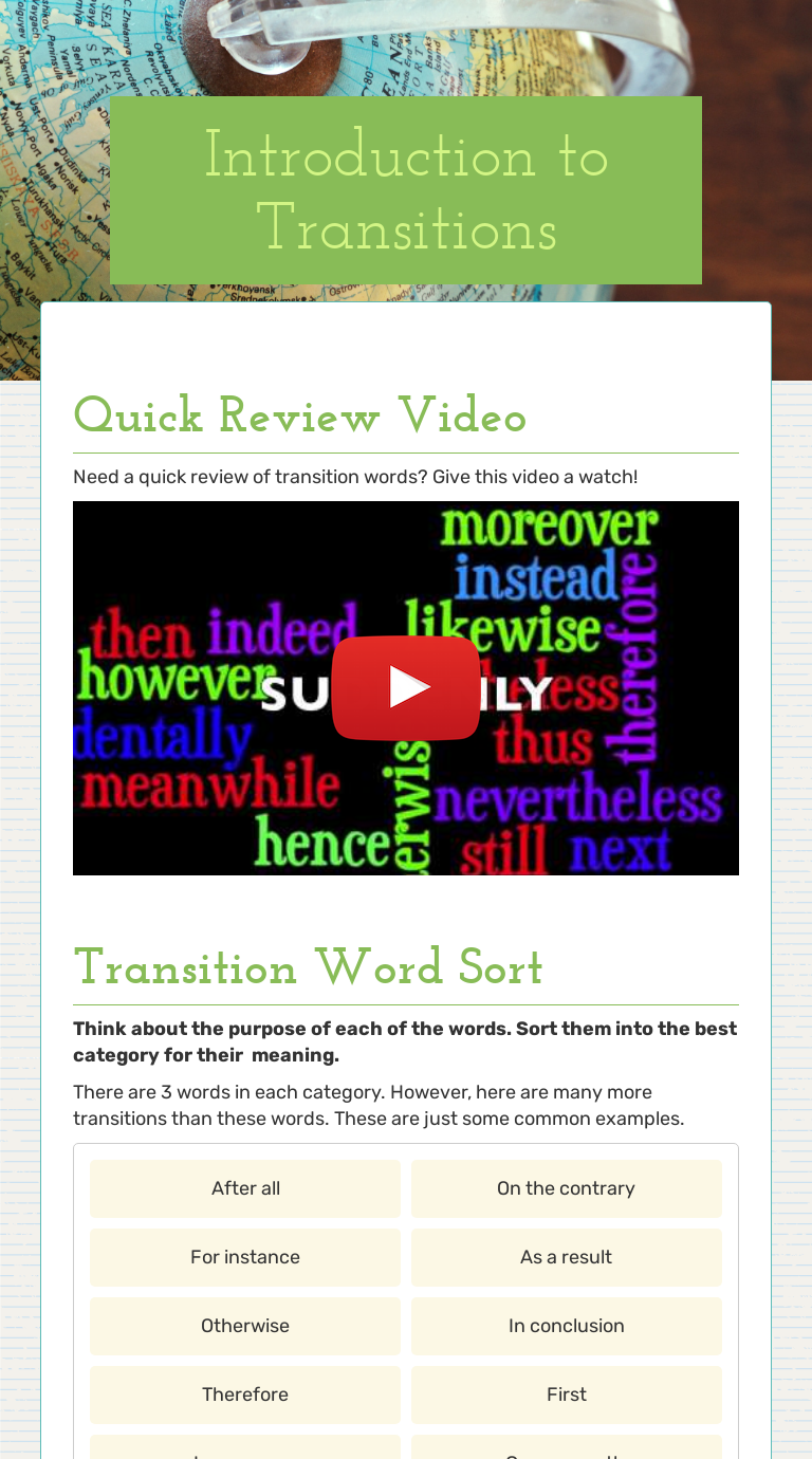 Introduction to Transitions Interactive Worksheet by Megan Moore
