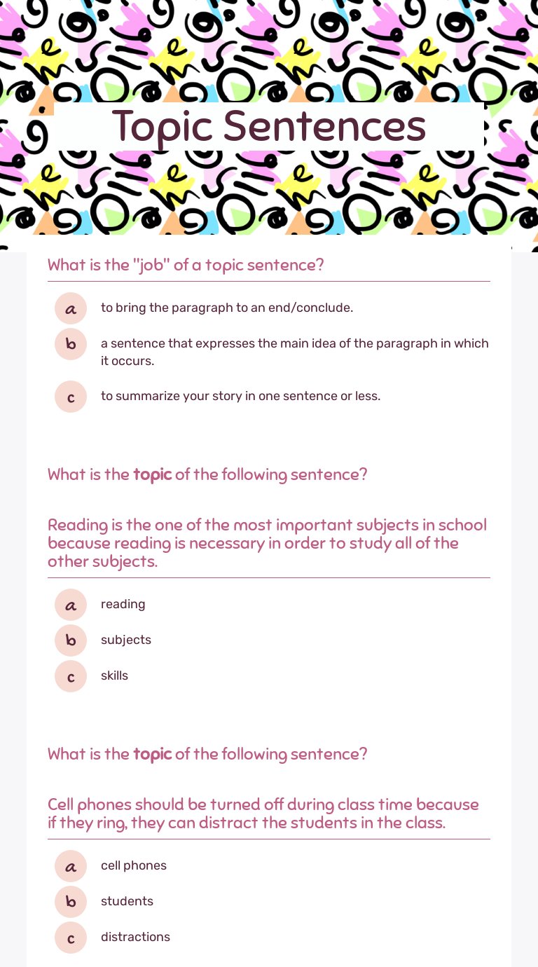 Pick A Topic Sentence Worksheet