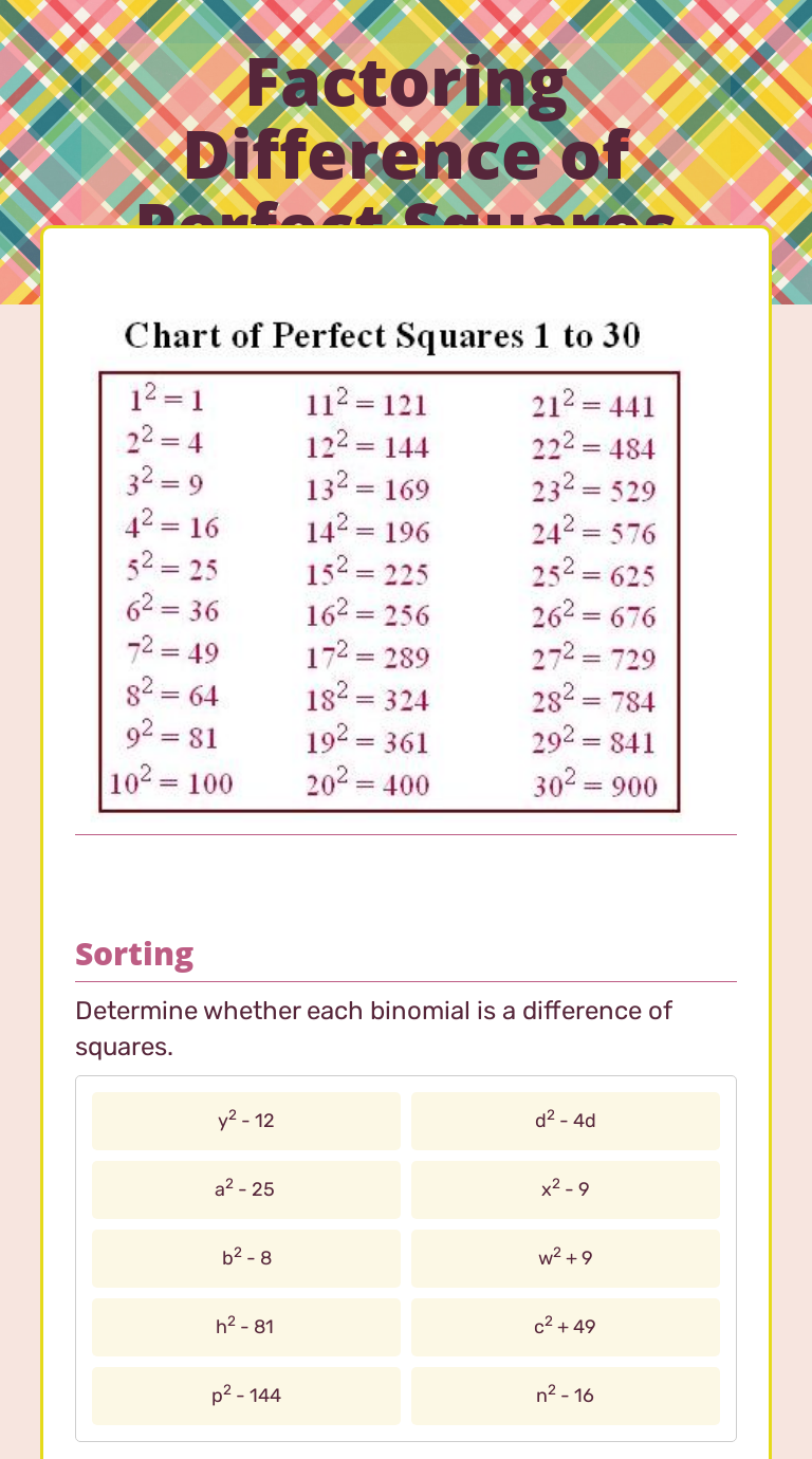 Factoring Difference of Perfect Squares  Interactive Worksheet by With Regard To Factoring Difference Of Squares Worksheet