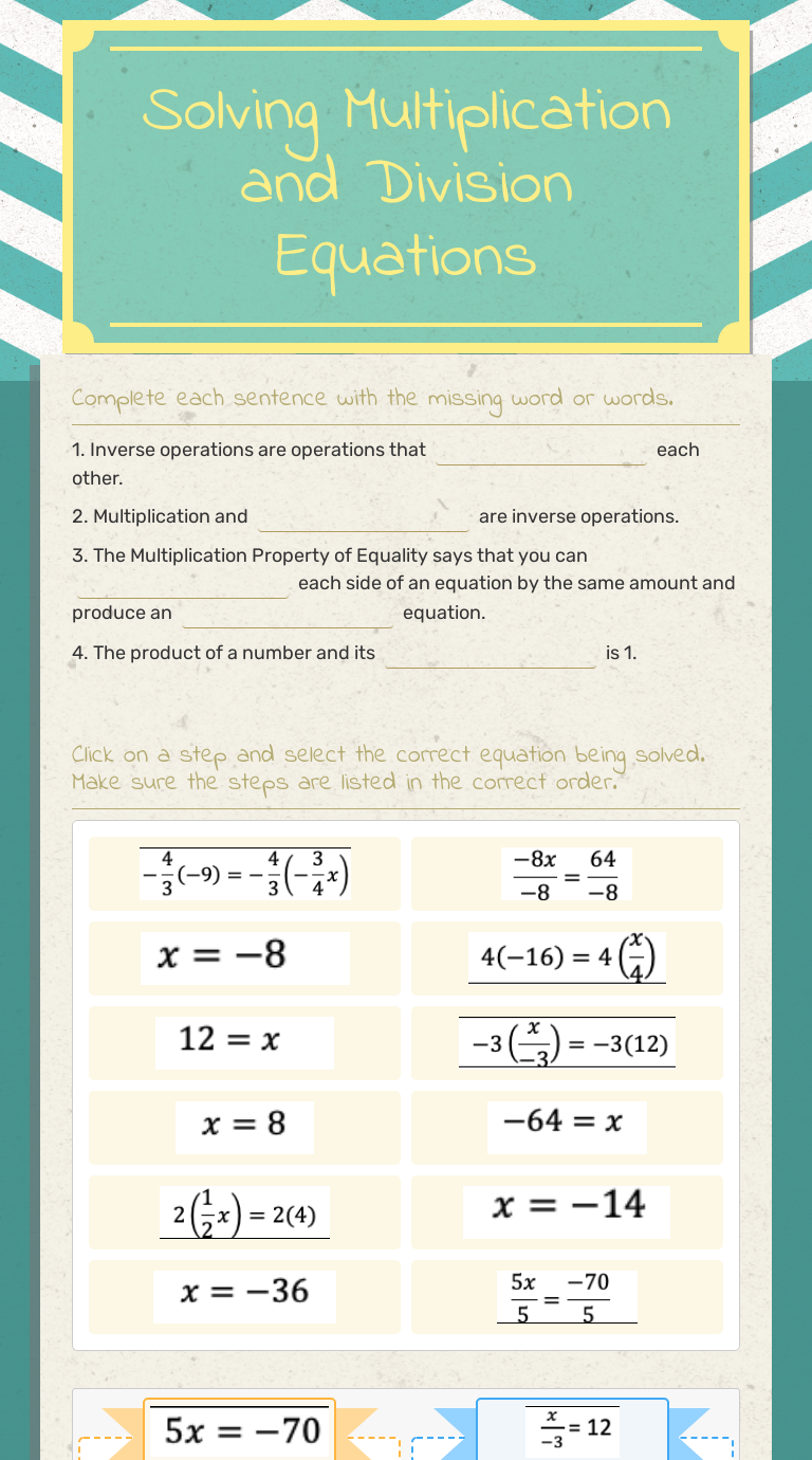 Pearson Education Solving Multiplication And Division Equations Worksheet