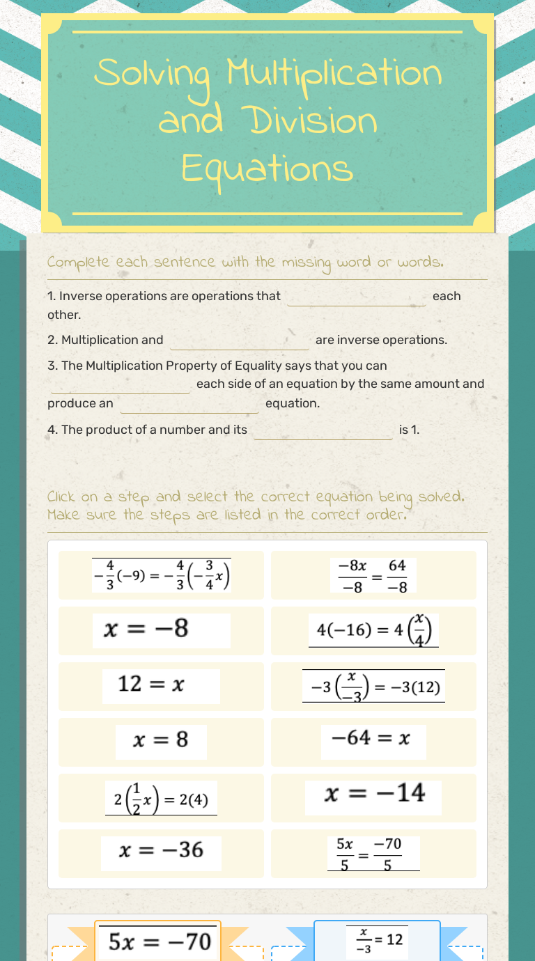 Solving Multiplication And Division Equations Worksheet