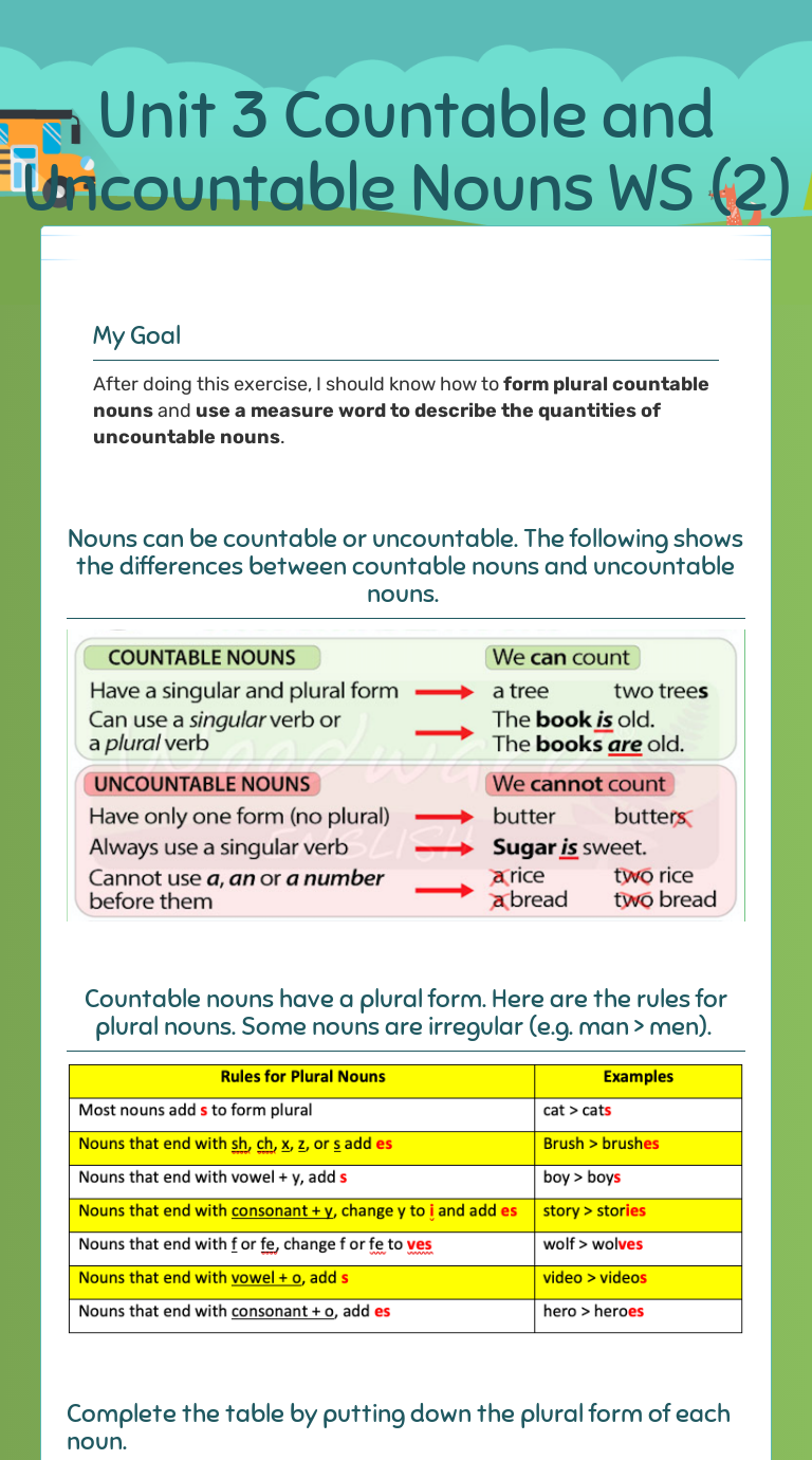 Unit 3 Countable and Uncountable Nouns WS (2) | Interactive Worksheet ...