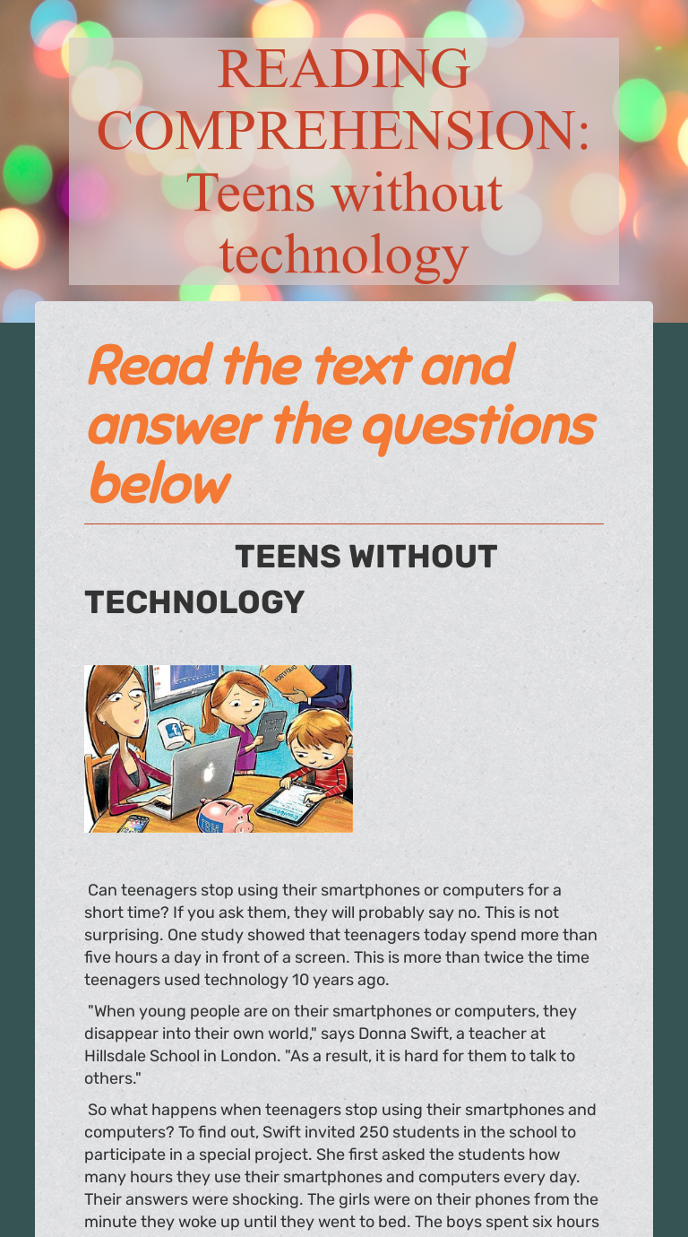 READING COMPREHENSION: Teens without technology | Interactive Worksheet