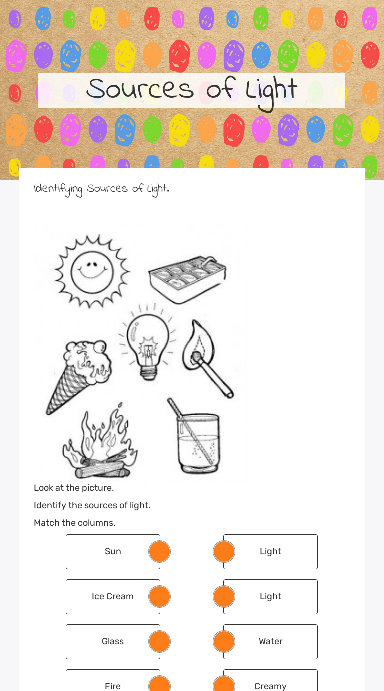 Sources of Light worksheet preview image