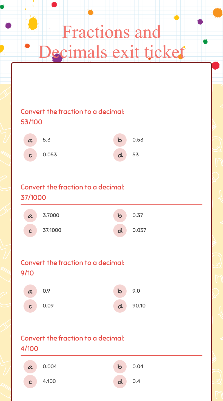 Fractions and Decimals exit ticket worksheet preview image
