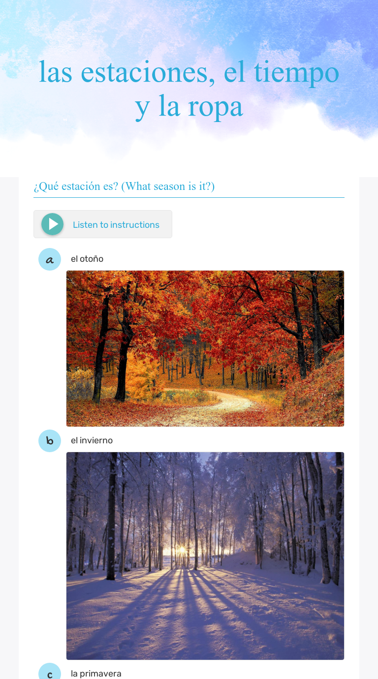 las estaciones, el tiempo y la ropa Grade 2 worksheet preview