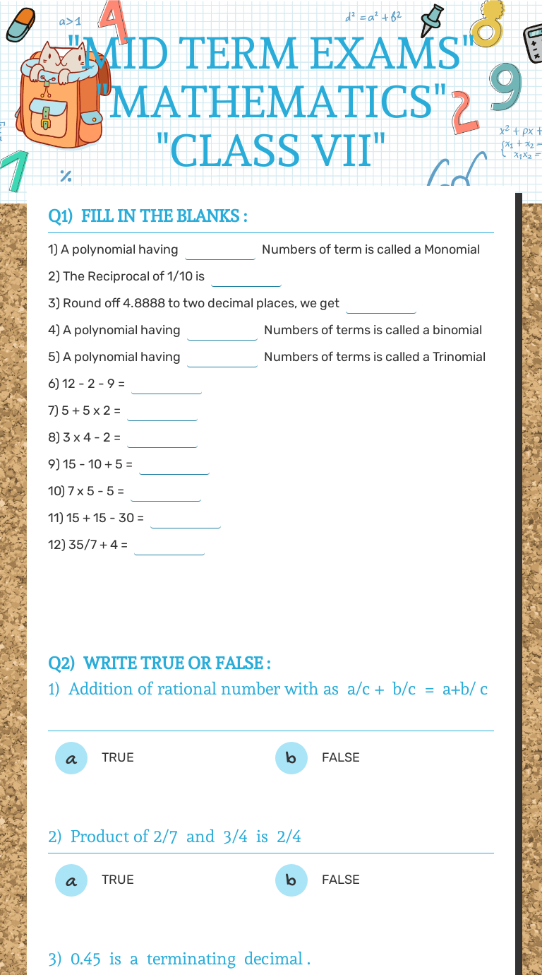 "MID TERM EXAMS" "MATHEMATICS" "CLASS VII" worksheet preview image