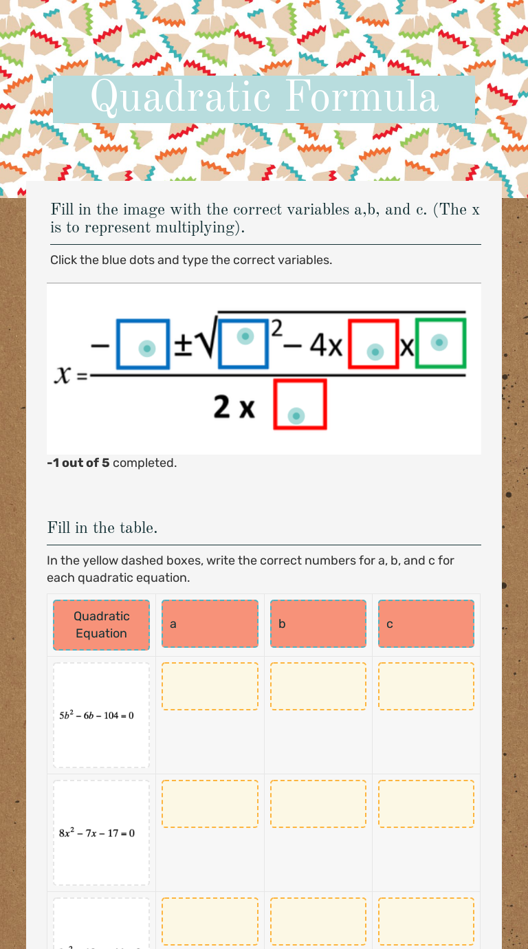 Quadratic Formula Other worksheet preview