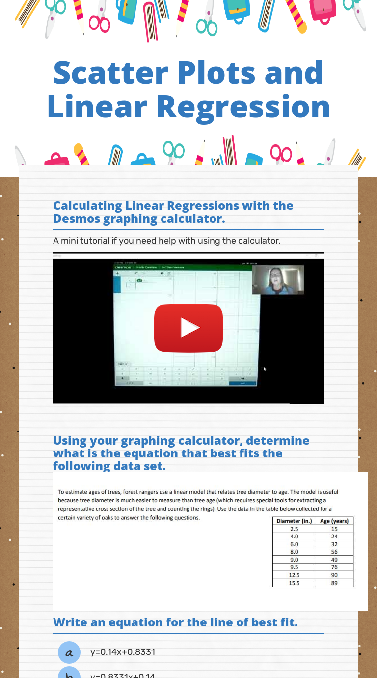 Scatter Plots and Linear Regression Interactive Worksheet by Jennifer