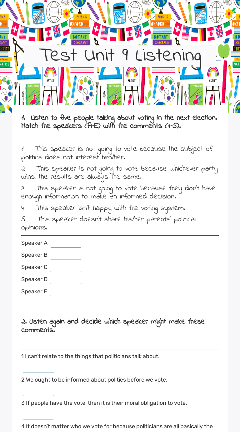 Test Unit 9 Listening worksheet preview