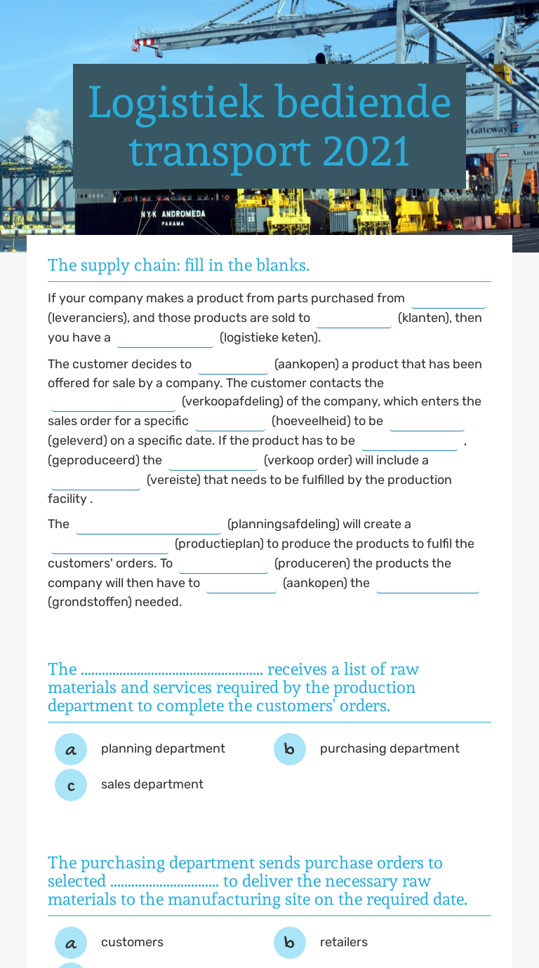 Logistiek Bediende Transport 2021 Interactive Worksheet By Natacha De 
