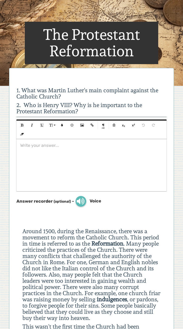 The Protestant Reformation  Interactive Worksheet by Michael For Protestant Reformation Worksheet Answers