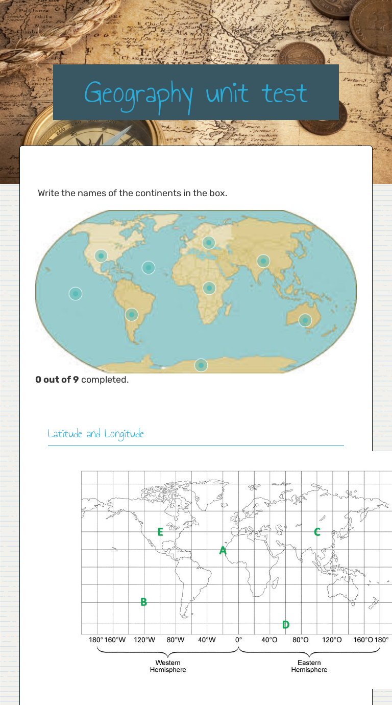 Geography unit test Interactive Worksheet by Beth Chavoustie Wizer.me