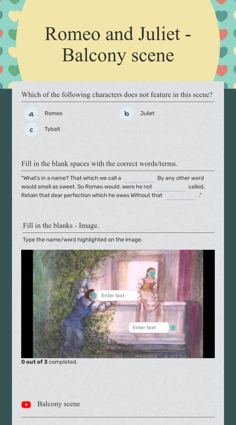 Romeo and Juliet - Balcony scene | Interactive Worksheet by Treasa Ní ...