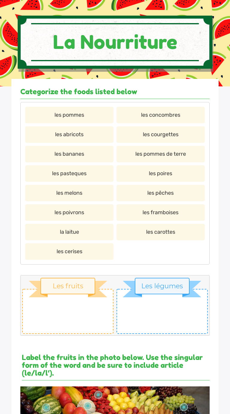 La Nourriture worksheet preview image