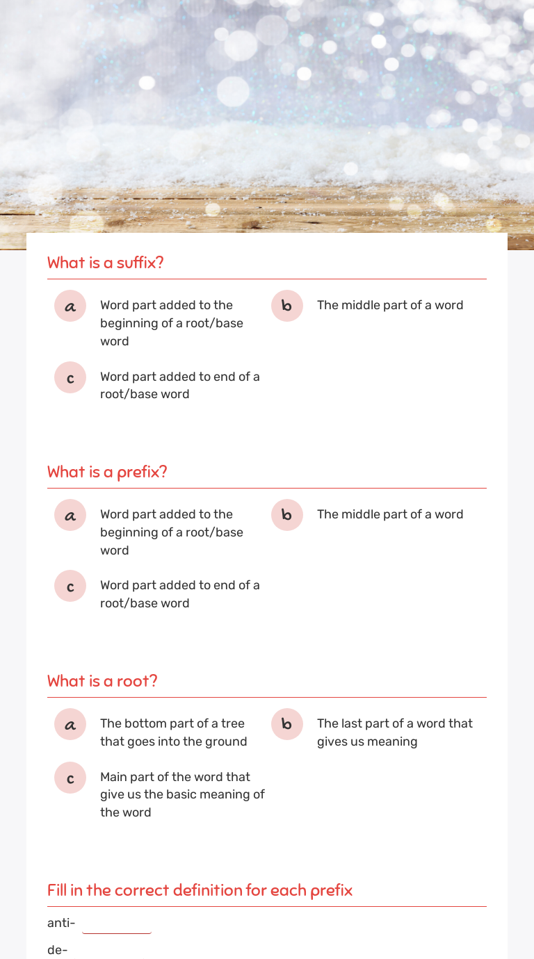 Greek/Latin Roots & Affixes Pre-Test Grade 7 worksheet preview