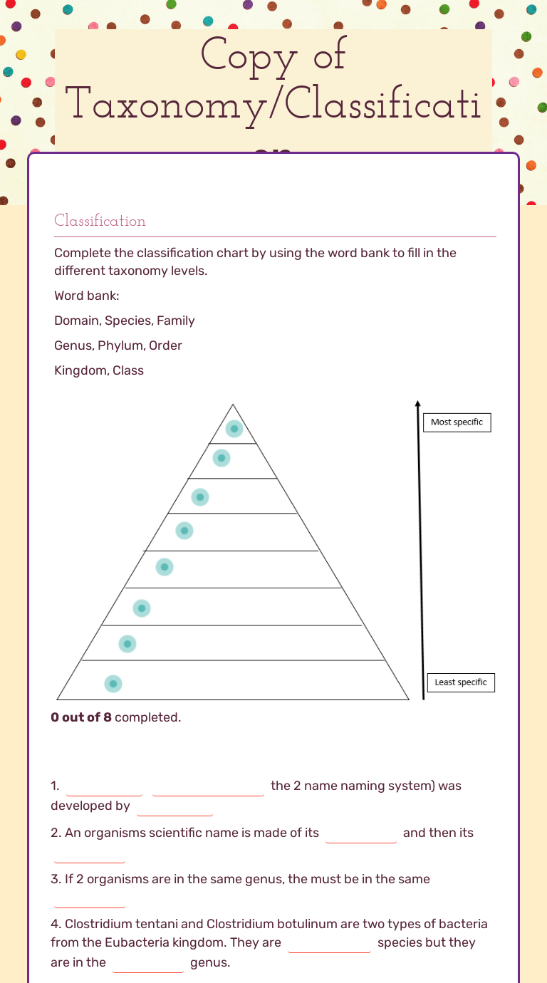 Copy of Taxonomy/Classification  Interactive Worksheet by Melanie Throughout Biological Classification Worksheet Answer Key