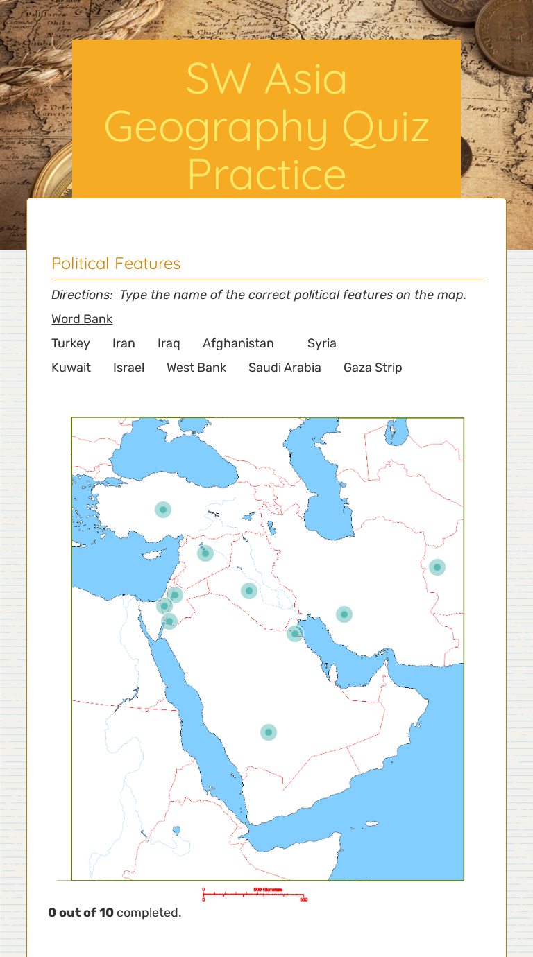 SW Asia Geography Quiz Practice Interactive Worksheet by Cindy
